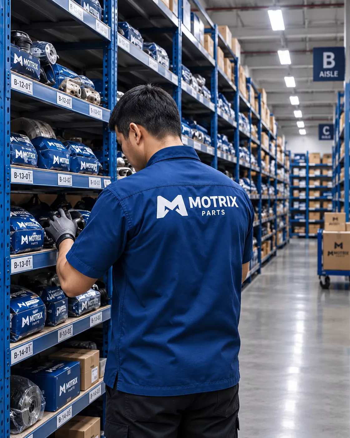 MOTRIX PARTS team member checking automotive parts in a warehouse